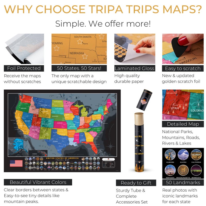 TRIPA TRIPS Scratch off Map of United States & All 63 US National Parks Scratch off Poster - 50 USA Landmarks & Flags Easy-to-Scratch - 24x17 Large Travel Map + Accessories - Deluxe Gift for Travelers - Image 3